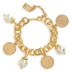 B69505.12 Elegant Chunky Link Bracelet With Pearl & Coin Dangles Chunky Bracelets, Link Bracelets, Womens Jewelry Bracelets, Or Rose, Coin, Charms, Charm Bracelet, Women Jewelry, Bracelet