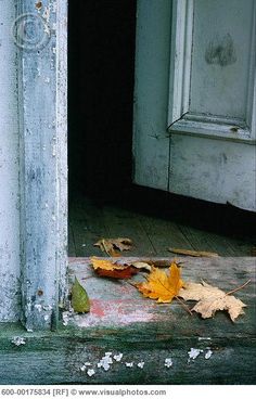 leaves on the ground in front of an open door with peeling paint and chipping