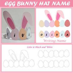 an egg bunny hat with the word'vivi'written on it and some eggs in