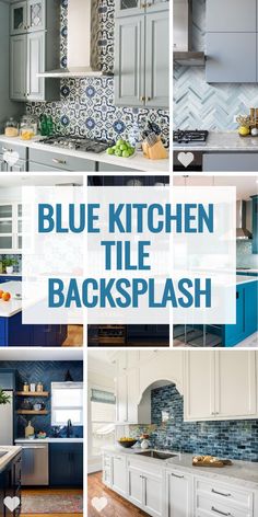 blue kitchen tile backsplash with white cabinets and counter tops in different styles, colors and sizes