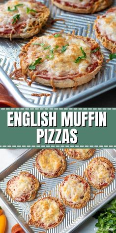 an english muffin pizza with cheese and ham on top is shown in this collage