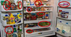 an open refrigerator filled with lots of food and condiments in red circles on the doors