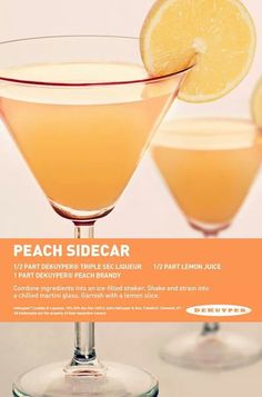 the peach sidecar cocktail is served in coupe glasses with an orange slice on top