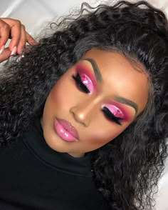 Valentine Day Makeup For Black Women, Fushia Makeup Looks Black Women, Vday Makeup Looks, Hot Pink Eyeshadow Looks Black Women, Hot Pink Makeup, Dramatic Pink Eyeshadow Looks