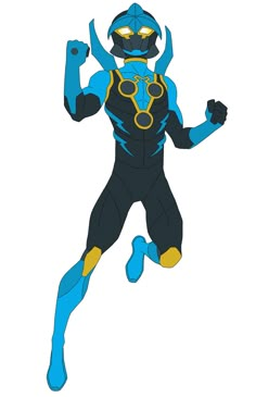 an image of a person in a blue and yellow costume with one hand up to the side