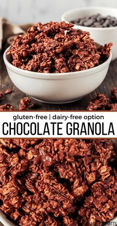 chocolate granola in a white bowl on top of a wooden table with two bowls full of granola