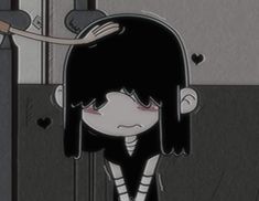 an anime character with long black hair holding onto the handle of a door and looking down at her face