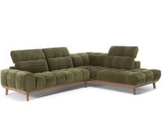 a green sectional sofa with two reclinings and one end facing the couch, in front of a white background