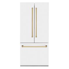 a white refrigerator freezer with gold handles