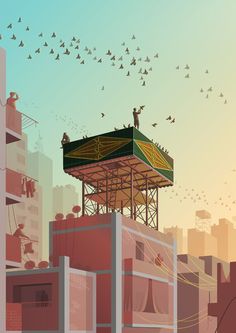 an illustration of a city with birds flying in the sky and people standing on top of buildings