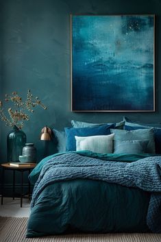 a bed with blue sheets and pillows in a room next to a painting on the wall