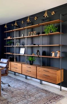 a room with a desk and shelves filled with plants