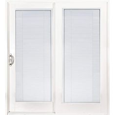 a white double door with blinds on the glass and side panels, in front of a white background