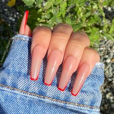 Longer Acrylic Nails, Red Outline Acrylic Nails, Red Outline Nails, Red Outlined Nails, Long Acrylic Nails Red, Red Tip Acrylic Nails, Nude And Red Nails, Simple Baddie Nails, Red Nails Acrylic Coffin