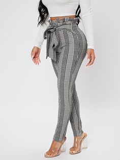 Multicolor Elegant Collar  Polyester Plaid Skinny Embellished Slight Stretch Spring/Summer/Fall Women Bottoms Plaid Work Pants, Outfit Elegantes, Elegant Pant, Tie Waist Pants, Women Bottoms, Winter Knit Hats, Grey Plaid, Professional Attire, Large Dress