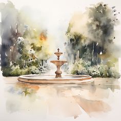 a watercolor painting of a fountain in a park with trees and bushes behind it