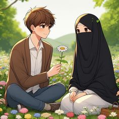 two people sitting on the ground with flowers in their hands and one person holding a flower