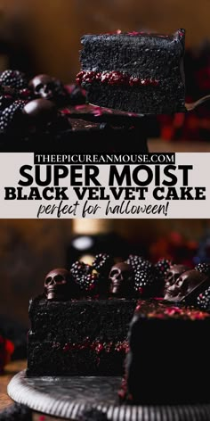 there is a slice of cake with berries on it and the words super moist bake perfect for halloween