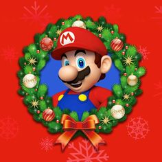 an image of mario in a wreath with christmas decorations around him and snowflakes on the ground