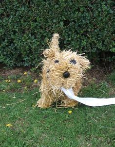 a dog made out of hay sitting in the grass with a roll of toilet paper