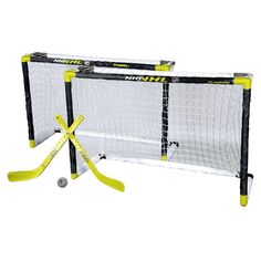 two yellow and black soccer goal stands next to each other