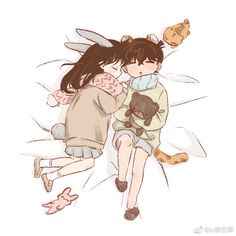 two people hugging each other while sitting on a bed with an angel and cat in the background