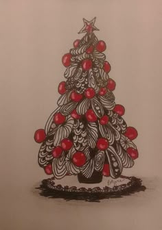 a drawing of a christmas tree with red balls on it's bottom and an ornament in the middle