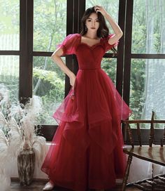 Red Long Dress Tulle, Red Tulle Dress Cutedressy, Red Floor-length Organza Dress, Flowy Red Floor-length Dress, Red Floor-length Ruffled Gown, Prom Dress Burgundy, Dress Display, Prom Dresses Gowns, A Line Prom Dresses