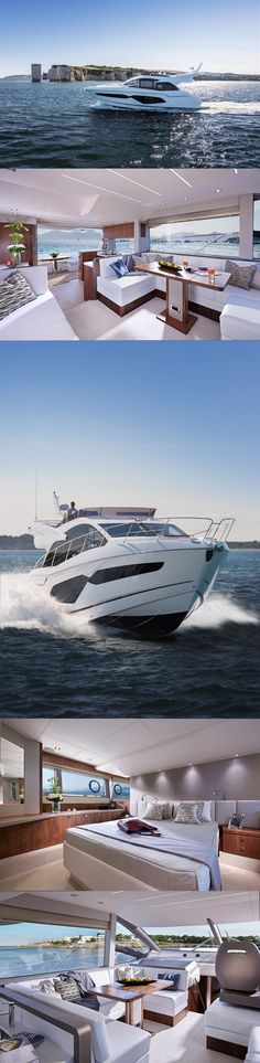 two pictures of a boat in the water and one showing it's interior, side by side