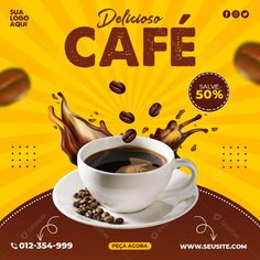 a coffee advertisement with splashing coffee and beans on the plate in front of it