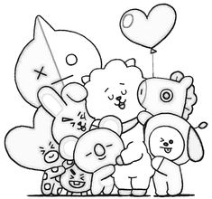 an animal coloring page with balloons and hearts