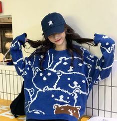 BEAR KNITTED SWEATER sold by OCEAN KAWAII on Storenvy Blue Long Sleeve Winter Sweater, Blue Long Sleeve Tops For Winter, Winter Blue Knit Tops, Blue Knit Tops For Winter, Blue Oversized Crew Neck Outerwear, Oversized Blue Crew Neck Outerwear, Blue Cotton Sweater, Blue Knitted Cotton Sweater, Blue Knitted Long Sleeve Outerwear