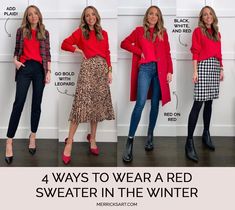 Red Pullover Outfit, Red Sweater Outfit Winter, Red Jumper Outfit, Red Blouse Outfit, Red Tshirt Outfit, Red Shirt Outfits, Red Top Outfit, Red Sweater Outfit, Outfit Recipes