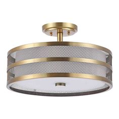 a ceiling light with two layers of mesh on the bottom and gold trimmings