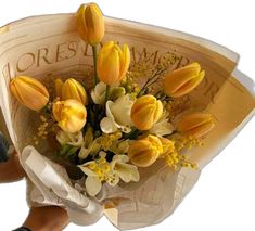 a bouquet of yellow tulips and other flowers in someone's hand on a white background