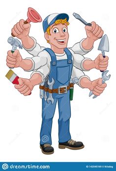 a cartoon handy man holding tools and giving the thumbs up sign with both hands on his chest