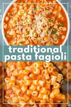 two pictures with pasta and cheese in them, one has the words traditional pasta tagioli on it