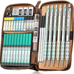 a brown case filled with lots of pens and markers