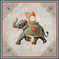 an elephant is painted on the side of a wall with ornate border around it's edges