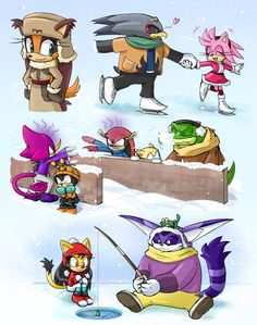 several different types of cartoon characters in the snow