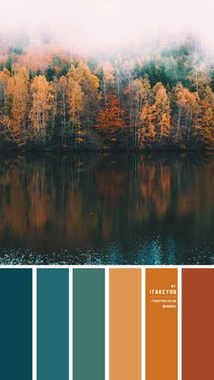 the color palette is an autumn scene with trees in the background and water on the other side