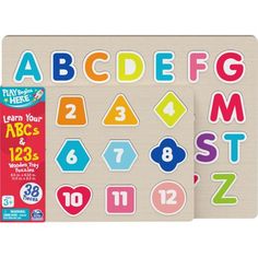 two children's wooden puzzles with numbers and shapes on the front, one is multicolor