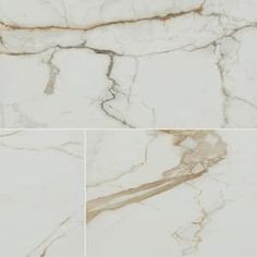 three different views of white marble with brown streaks on the top, bottom and bottom