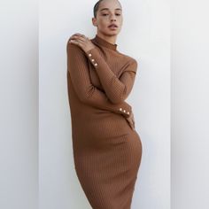 Never Wornzara #0014/006 Brown Stretch Ribbed Midi Dress, Brown Ribbed Stretch Midi Dress, Brown Ribbed Midi Sweater Dress, Brown Ribbed Stretch Dresses, Brown Ribbed Midi Dress For Winter, Brown Bodycon Midi Dress For Fall, Brown Ribbed Knee-length Midi Dress, Spring Brown Ribbed Midi Dress, Winter Brown Ribbed Midi Dress