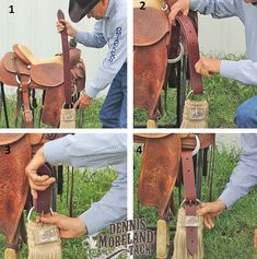 the man is working on his horse's saddle