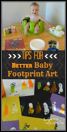 a baby sitting on top of a green potty chair next to paper cut outs