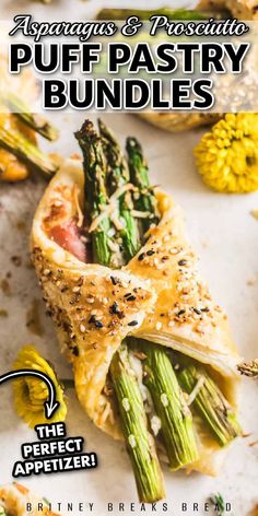 the cover of an appetizer with asparagus and prosciutto puff pastry