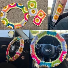 crocheted steering wheel cover with flowers on it