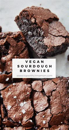 vegan sourdough brownies are stacked on top of each other with the words, vegan sourdough brownies