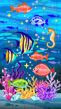 an underwater scene with fish and corals in blue water, under the sea illustration